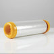 A roll of clear plastic wrap or cellophane with bright yellow-orange end caps, photographed on a clean white surface against a light gray background.