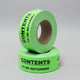 Rolls of green label tape with the text 'CONTENTS TO BE RETURNED' printed on it.
